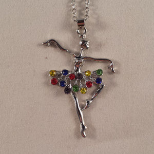 Silver Ballerina Dancer Colorful Crystal Gemstone Pendant Necklace Gorgeous Gift